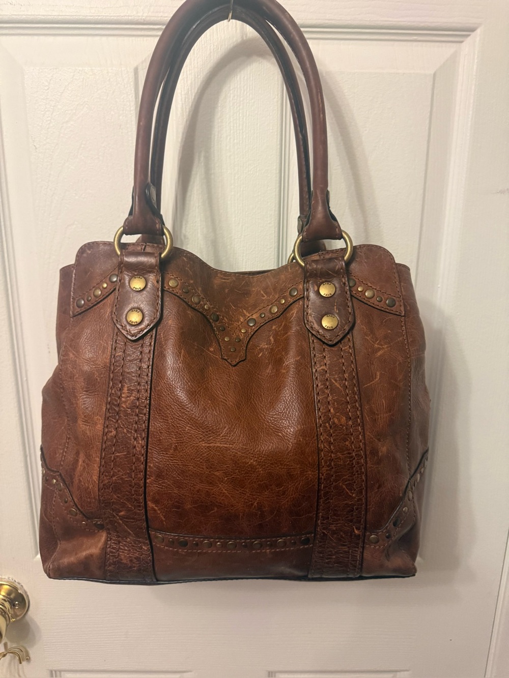 FRYE MELISSA WESTERN STUD TOTE BROWN LEATHER SHOULDER BAG HANDBAG